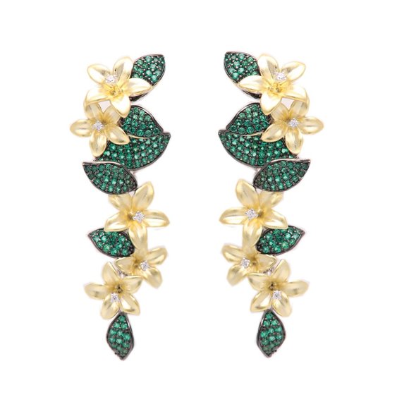 Long Flower Earrings Sterling Silver Brilliant Green Flowers Earring - Picture 2 of 5